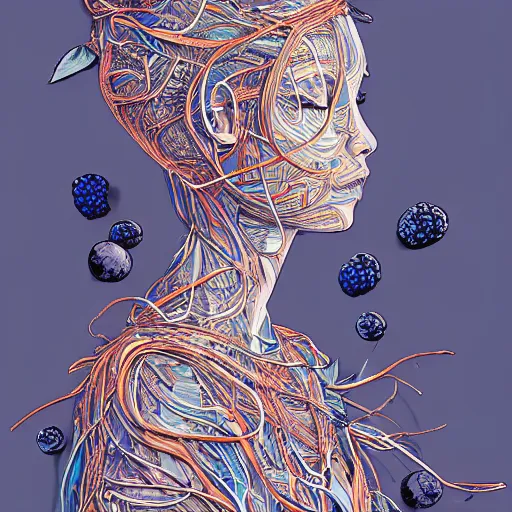 Prompt: the head of an incredibly beautiful and elegant woman partially made of carrots and blueberries, an ultrafine detailed illustration by james jean, final fantasy, intricate linework, bright colors, behance contest winner, vanitas, angular, altermodern, unreal engine 5 highly rendered, global illumination, radiant light, detailed and intricate environment