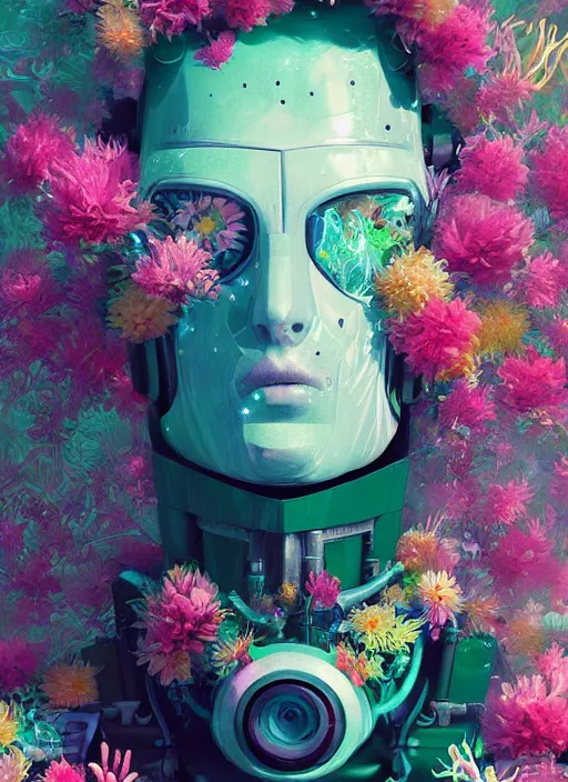Prompt: closeup, underwater digital painting of a robot wearing a suit made of flowers, cyberpunk portrait by filip hodas, cgsociety, panfuturism, abstract expressionism, scribbles, made of flowers, dystopian art, vaporwave!!!!!!