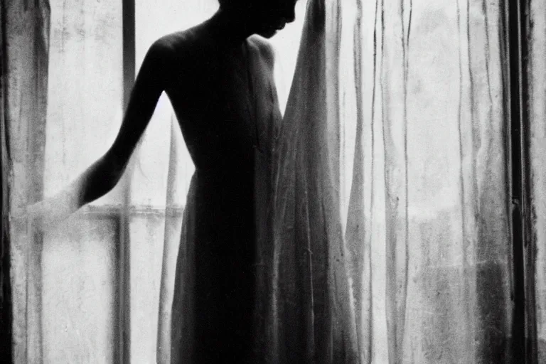 Image similar to silhouette of a woman in front of a dirty window, photo by Francesca Woodman,