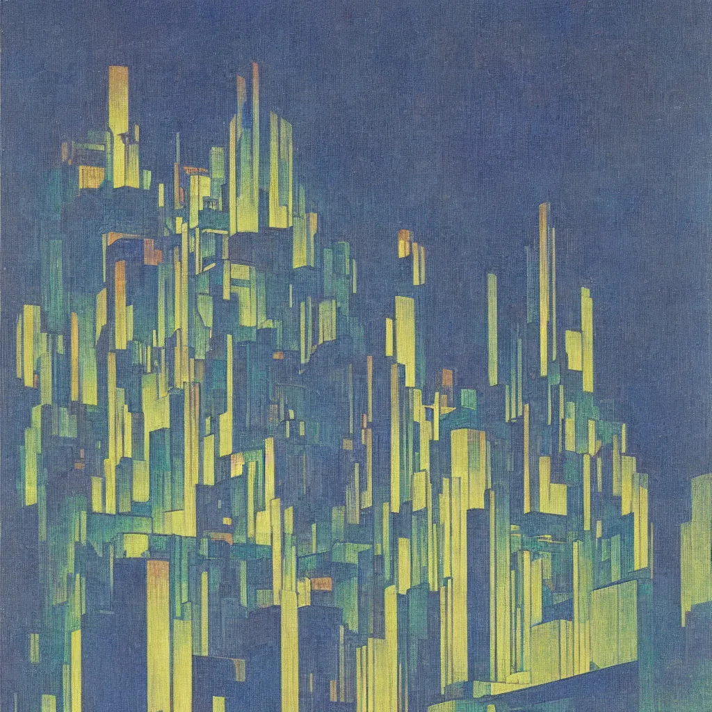 Image similar to isometric artdeco blue and green cathedral at night by frank lloyd wright, isometric, painted by piet mondrian
