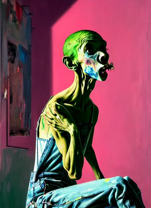 Image similar to an insane, skinny, artist wearing dirty, torn overalls, expressive painting the walls inside a grand messy studio, depth of field, hauntingly surreal, highly detailed by francis bacon, edward hopper, and glenn brown, soft light 4 k in pink, green and blue colour palette, cinematic composition, high quality octane render,