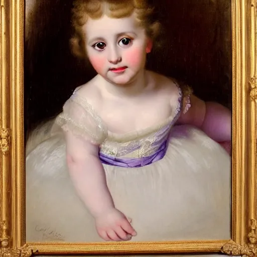 Image similar to portrait of a german toddler princess sitting down in a silk lavender gown, circa 1 8 3 7, by carl joseph begas, highly detailed, beautiful, oil on canvas, 1 8 3 0 s, romanticism