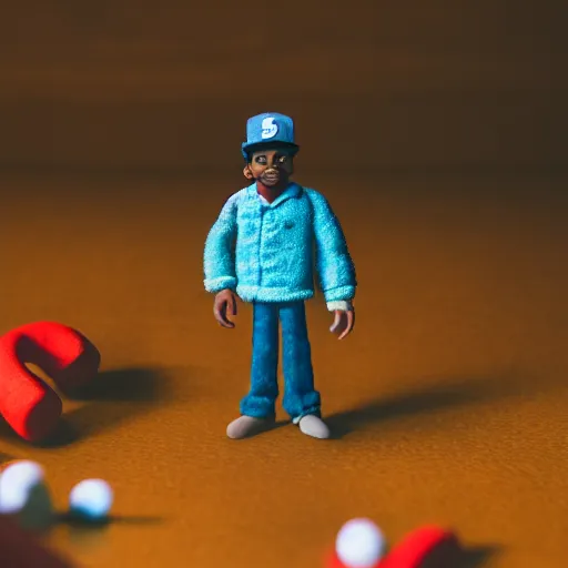 Image similar to a cinematic film still of a claymation stop motion film starring chance the rapper as a college student, shallow depth of field, 8 0 mm, f 1. 8