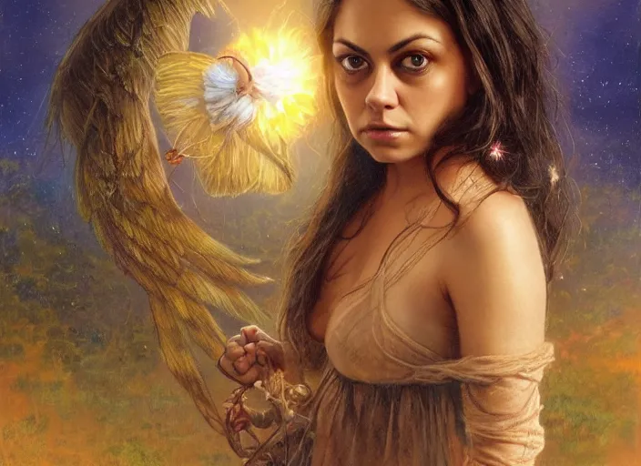 Image similar to big-eyed surprised Mila Kunis staring intensely into the camera, sundown golden hour firefly wisps, Lilia Alvarado, Sophie Anderson, Mark Arian, Bob Byerley, Charlie Bowater, Mark Brooks, Steve Henderson, Justin Gerard, Arthur Hughes, Edward Robert Hughes, Mark Keathley, Victor Nizovtsev, Carlos Shwabe, Ross Tran, WLOP