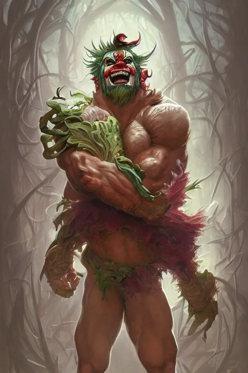 Image similar to portrait of a clown as a hulking herculean demon, forest, godlike, full body, fantasy, intricate, elegant, highly detailed, digital painting, artstation, concept art, sharp focus, illustration, art by artgerm and greg rutkowski and alphonse mucha