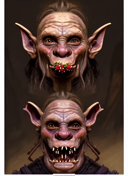 Image similar to profile face portrait of a medieval goblin eating cakes in the cloisters, beautiful face, hyper realistic, highly detailed, digital painting, artstation, illustration, concept art by hyung tae and frank frazetta, digital paint, matte paint, washed colors, dark, gloomy