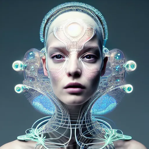 Image similar to portrait of an absurdly beautiful, graceful, sophisticated, fashionable cyberpunk mechanoid, hyperdetailed illustration by irakli nadar, matt wisniewski style, intricate linework, white porcelain skin, iridescent fractal headdress, day - glow facepaint, jellyfish ruff neckware, unreal engine 5 highly rendered, global illumination, radiant light, detailed and intricate environment