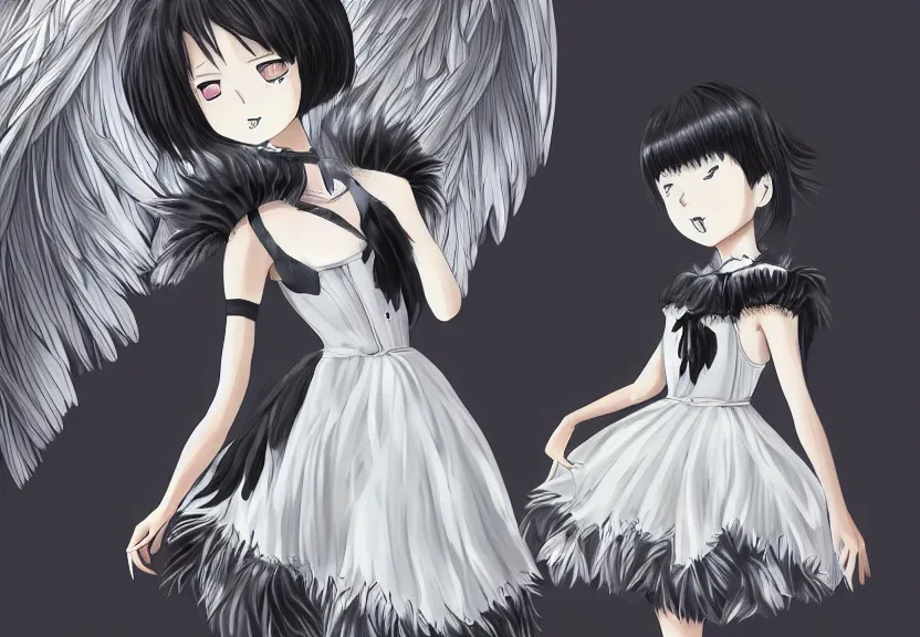 Image similar to little girl with a short white haircut wearing a dress made of black feathers, artwork in the anime style, dark, anatomically perfect