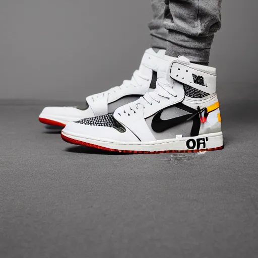 Prompt: a studio photoshoot of Nike Off-white Jordan 1 sneakers designed by Virgil Abloh, knitted mesh material, gum rubber outsole, realistic, color film photography by Tlyer Mitchell, 35 mm, Graflex