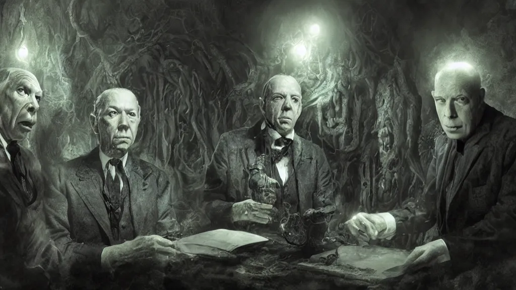 Prompt: Jorge Luis Borges and Howard Phillips Lovecraft with eldritch beings in his hand, 8K, concept art, filmic, HDR, hyperrealism, volumetric lighting, horror, Dark art