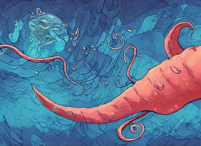 Image similar to a study of cell shaded cartoon of a giant squid underwater, road, illustration, wide shot, subtle colors, post grunge, concept art by josan gonzales and wlop, by james jean, Victo ngai, David Rubín, Mike Mignola, Laurie Greasley, highly detailed, sharp focus, alien, Trending on Artstation, HQ, deviantart, art by artgem