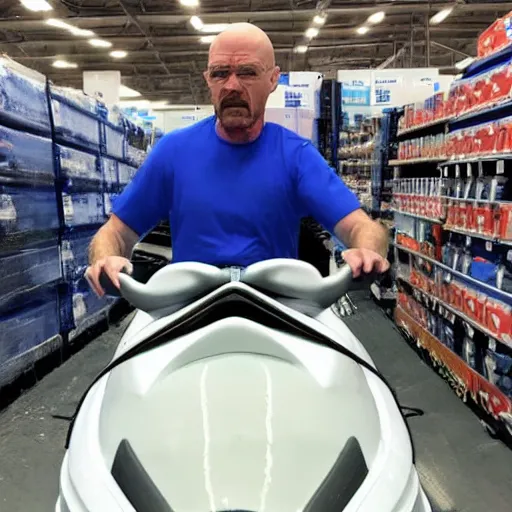 Image similar to walter white riding a jetski at costco