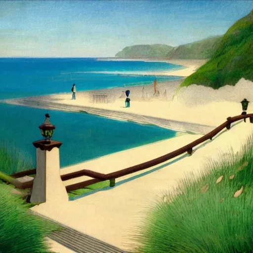 Image similar to Balustrade with a beach on the background, a colab between studio ghibli and paul delaroche