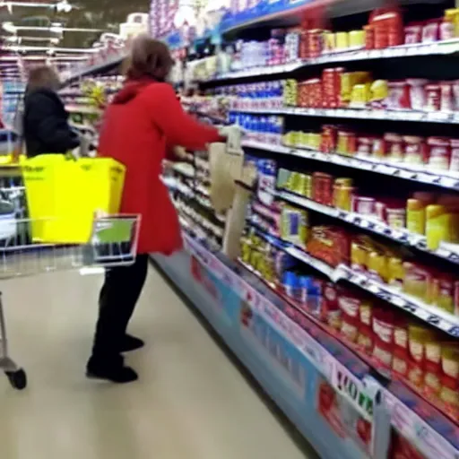 Prompt: realistic footage of dobby buying lurpak butter in tesco