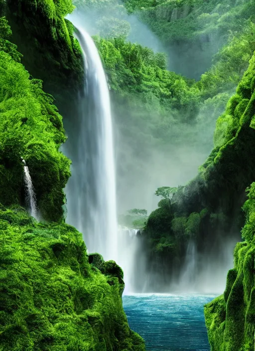 Image similar to a large waterfall in the middle of a green valley, a detailed matte painting by jacob willemszoon de wet, shutterstock contest winner, naturalism, sense of awe, national geographic photo, unreal engine