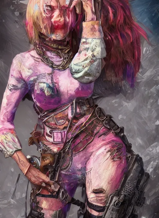 Prompt: full body concept art illustration colorful pastel painting of a female mad max in full intricate colorful clothing, beautiful face, ultra detailed, octane render, 4K, dystopian, micro details