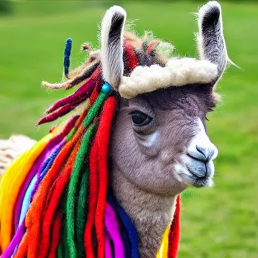 Prompt: a llama with dreadlocks wearing a colored hat