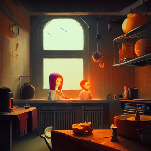 Prompt: cute kitchen dim lit by a candle ripped physique simon stalenhag gerald brom bastien grivet greg rutkowski portrait