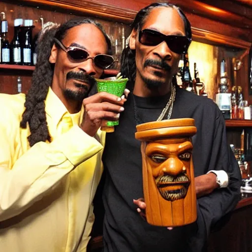 Image similar to snoop dogg at trader vic's bar holding a tiki mug with his face on it