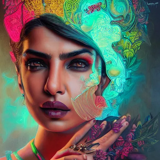 Image similar to portrait of priyanka chopra, hyper detailed masterpiece, neon floral pattern, jean giraud, digital art painting, darkwave goth aesthetic, psychedelic, artgerm, donato giancola and tom bagshaw