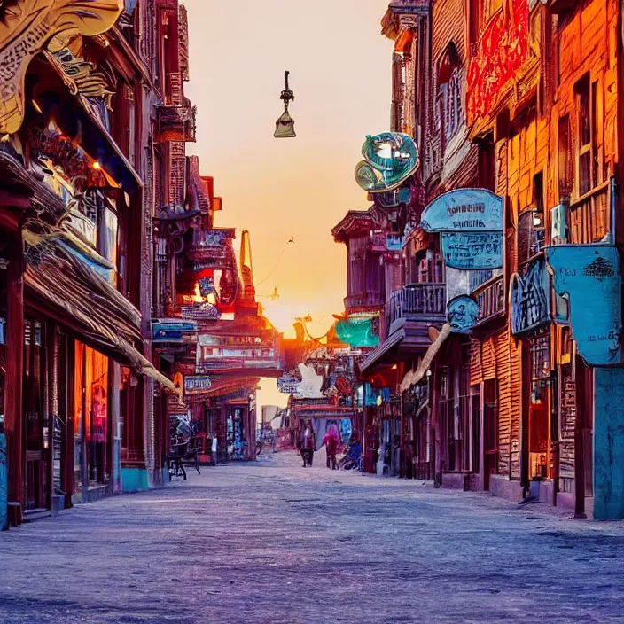 Image similar to a sunset light historical wild west broad empty street, duel between two cowboys, cowboy seen from the back, lots of sparkling details and sun ray's, blinding backlight, smoke, volumetric lighting, colorful, octane, 3 5 mm, saloon exterior, empty old town street, beautiful epic colored reflections, very colorful heavenly, softlight