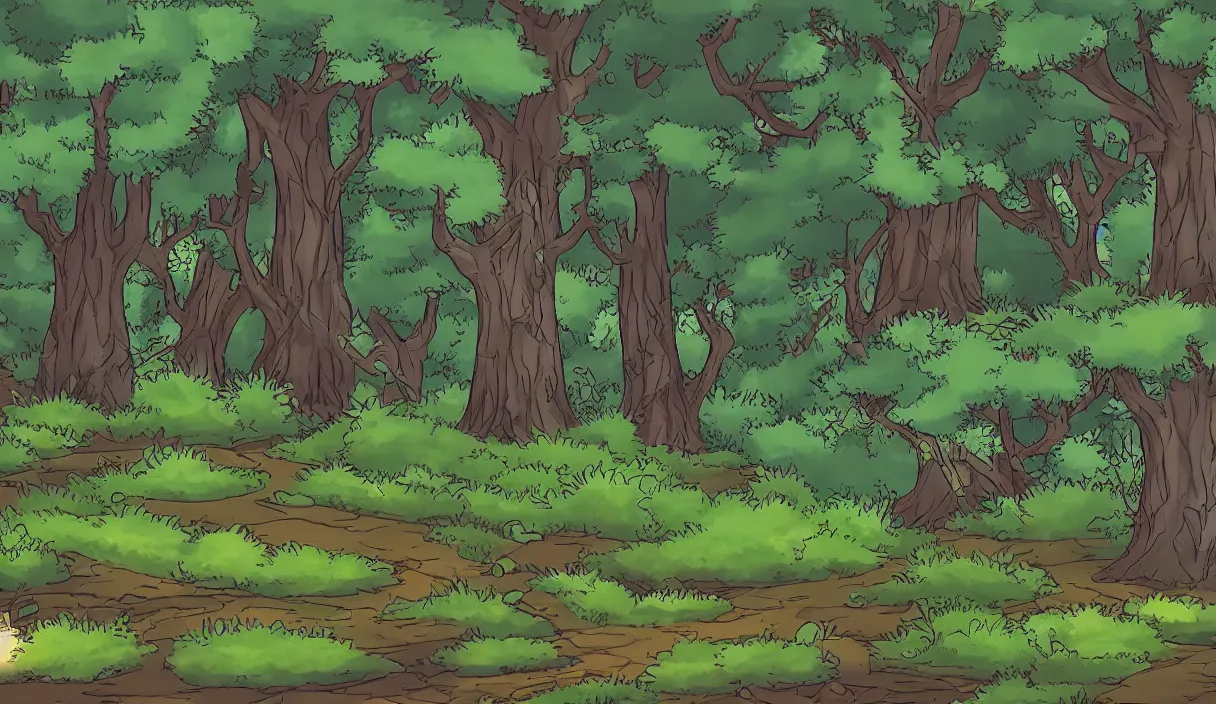 Image similar to a forest scenery background for a point and click adventure game