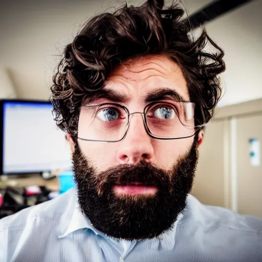 Image similar to a picture of a bearded developer who is trying to work with rxjs but has no idea what he is doing. he looks seriously frustrated. this all takes place in an office which is inside the amsterdam olympic stadium