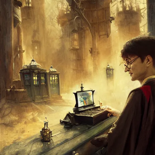 Prompt: harry potter at a tardis console, highly detailed, artstation, concept art, smooth, sharp focus, illustration, perfect face, art by michael kutsche, jules bastien - lepage, jean - joseph benjamin - constant