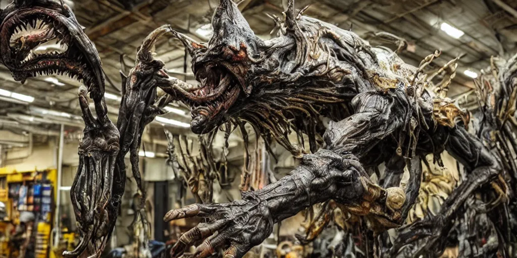 Image similar to photo taken of an epic intricate, ultra detailed, super realistic gritty, hero prop, exquisitely painted animatronic movie prop of a grotesque nightmarish hellish alien creature displayed in the workshop, created by weta workshop, full body shot, photorealistic, sharp focus