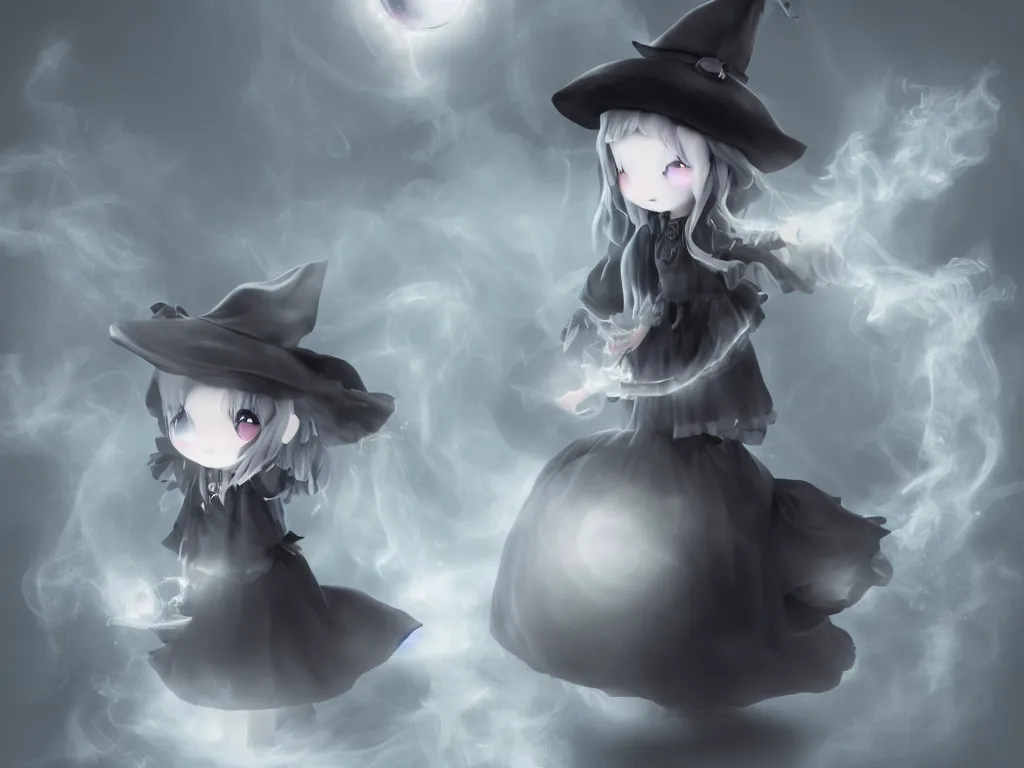 Prompt: cute fumo plush girl gazing into a crystal ball swirling with strange energy, black and white eldritch gothic horror, smoke and volumetric fog, witch girl, soothsayer, lens flare glow, chibi anime, vray