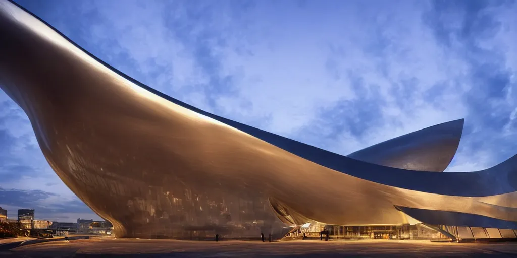 Image similar to extremely elegant smooth detailed stunning sophisticated beautiful elegant futuristic museum exterior by Zaha Hadid, smooth curvilinear design, stunning volumetric light, stainless steel, concrete, translucent material, beautiful sunset, tail lights