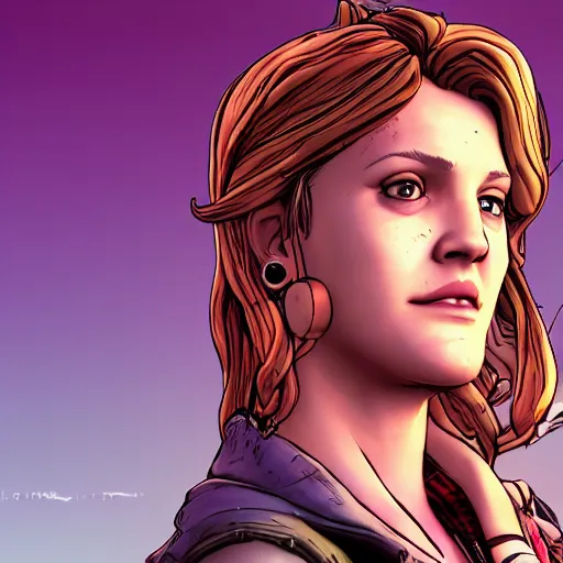 Image similar to drew barrymore portrait, borderlands, tales from the borderlands, the wolf among us, comic, cinematic lighting, studio quality, 8 k