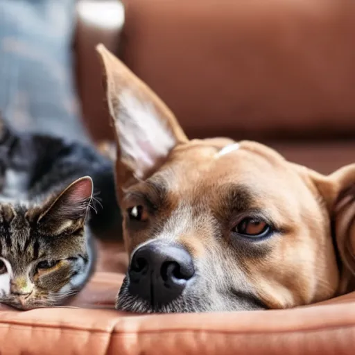 Prompt: a very detailed and sharp photo of a dog and a cat sitting on a couch watching tv