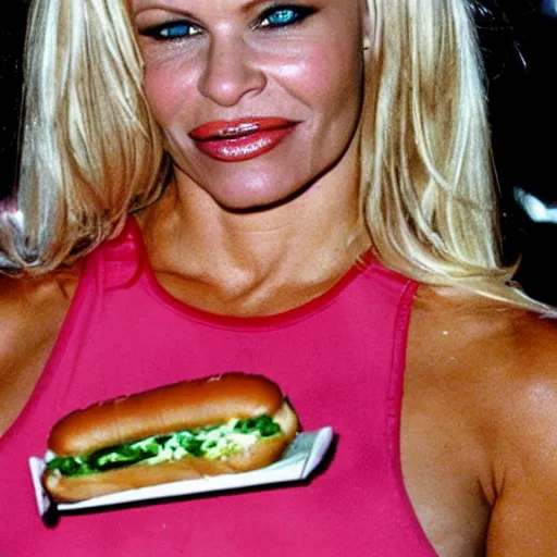 Prompt: Pamela Anderson eating a huge hotdog