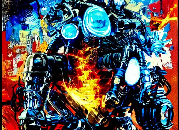 Image similar to marvel ghost rider, wearing futuristic cybernetic battle armor, riding a cyberpunk styled akira motorcycle, by ashley wood, yoji shinkawa, jamie hewlett, 6 0's french movie poster, french impressionism, vivid colors, palette knife and brush strokes