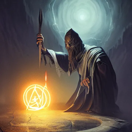 Image similar to a ominous illustration of a dark wizard casting a spell, alchemist lab, painting oil on canvas by moebius, octane render, HDR, trending on artstation, 4k, 8k, HD