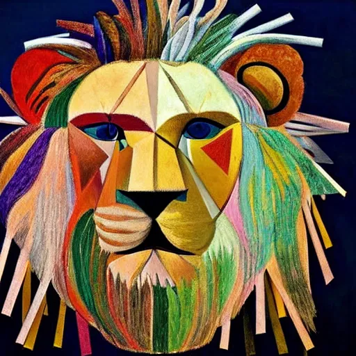 Prompt: closup portrait of lion head, lion fur made from ribbons and party confetti , concept art, huge scale, high detail, sci fi by Pablo Picasso and Dali