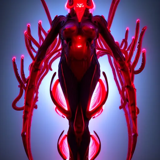 Image similar to stunning symmetric full body character image, woman, predator, Protoss, human, Tsutomu Nihei, 3d octane render, unreal engine, hyper realistic, realistic, white bone armor, soft illumination, human facial features, surrounded in red glowing tendrils of whispy smoke, trending artstation, 4K, insane