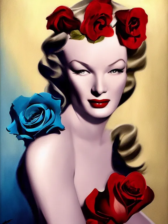 Prompt: beautiful digital painting Veronica Lake and blue roses and pearls, by Rolf Armstrong, artstation, Behance, 4K