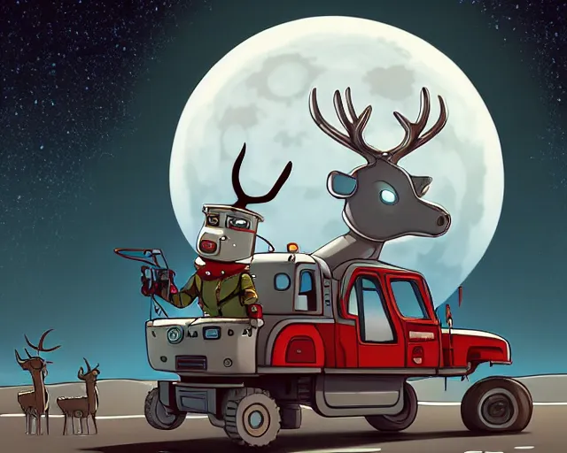 Image similar to a cell shaded cartoon grey santa! + deer robot, with a big head, on a desert road, wide shot, in front of a big moon, muted colors, post grunge, josan gonzales, wlop, by james jean, victor ngai, hq, deviantart, art by artgem