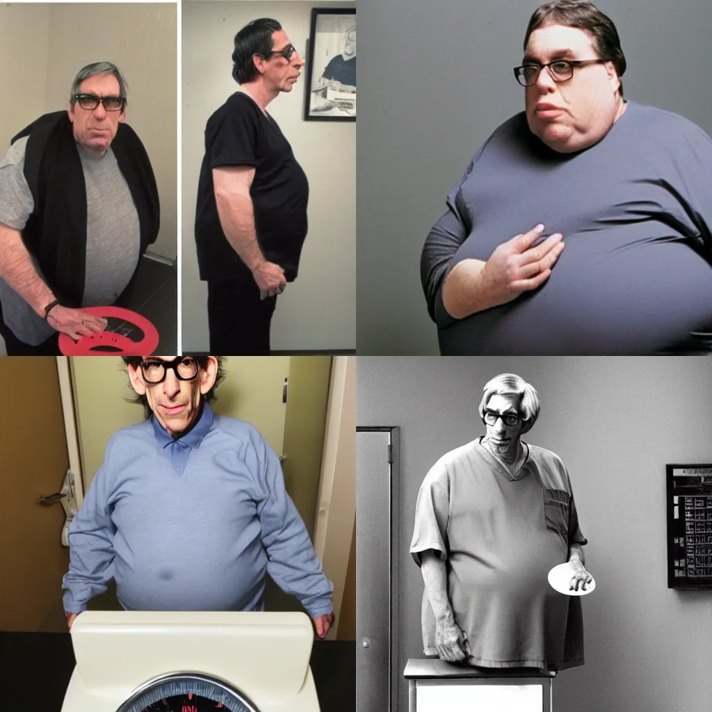Prompt: mordbidly obese richard belzer standing on a weighing scale, extremely fat, doctors office