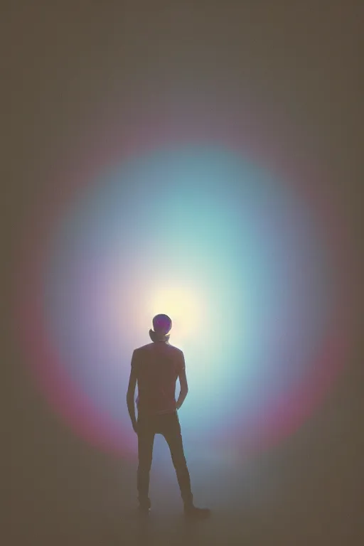 Image similar to kodak ultramax 4 0 0 photograph of a skinny guy looking into a bright otherworldly swirling glowing portal, back view, vaporwave colors, grain, moody lighting, moody aesthetic,