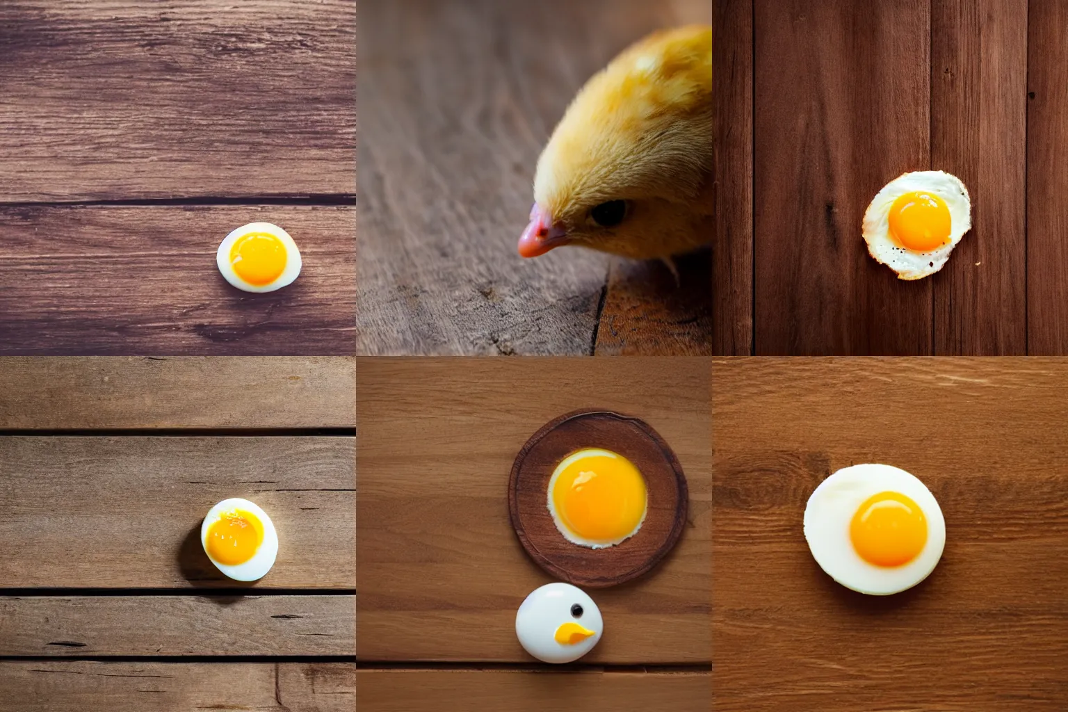 Prompt: a baby chick looking at a fried egg on a wooden floor, close up, dslr