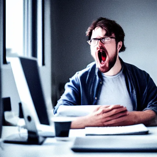 Prompt: A software developer sitting at a desk in a dimly lit office, yelling at his computer, award-winning photograph, cinematic, 8k