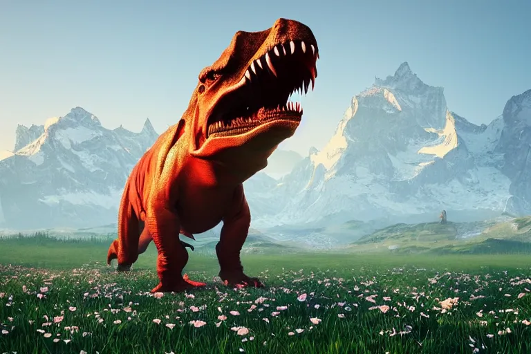 Image similar to lowpoly ps 1 playstation 1 9 9 9 glowing tyrannosaurus standing in a field of daisies, swiss alps in the distance digital illustration by ruan jia on artstation