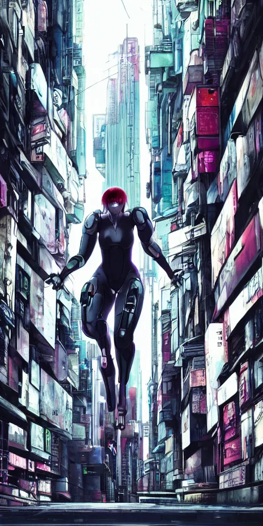 Image similar to ghost in the shell. cyborg running down the narrow street. cyberpunk city.