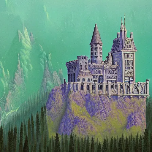 Image similar to a beautiful ultradetailed painting of high fantasy surreal arcane castle on a green mountain above a forest by wes anderson trending on artstation