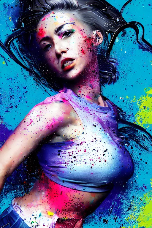 Image similar to a award winning half body portrait of a beautiful woman in a croptop and cargo pants with ombre navy blue teal hairstyle with head in motion and hair flying, paint splashes, splatter, outrun, vaporware, shaded flat illustration, digital art, trending on artstation, highly detailed, fine detail, intricate