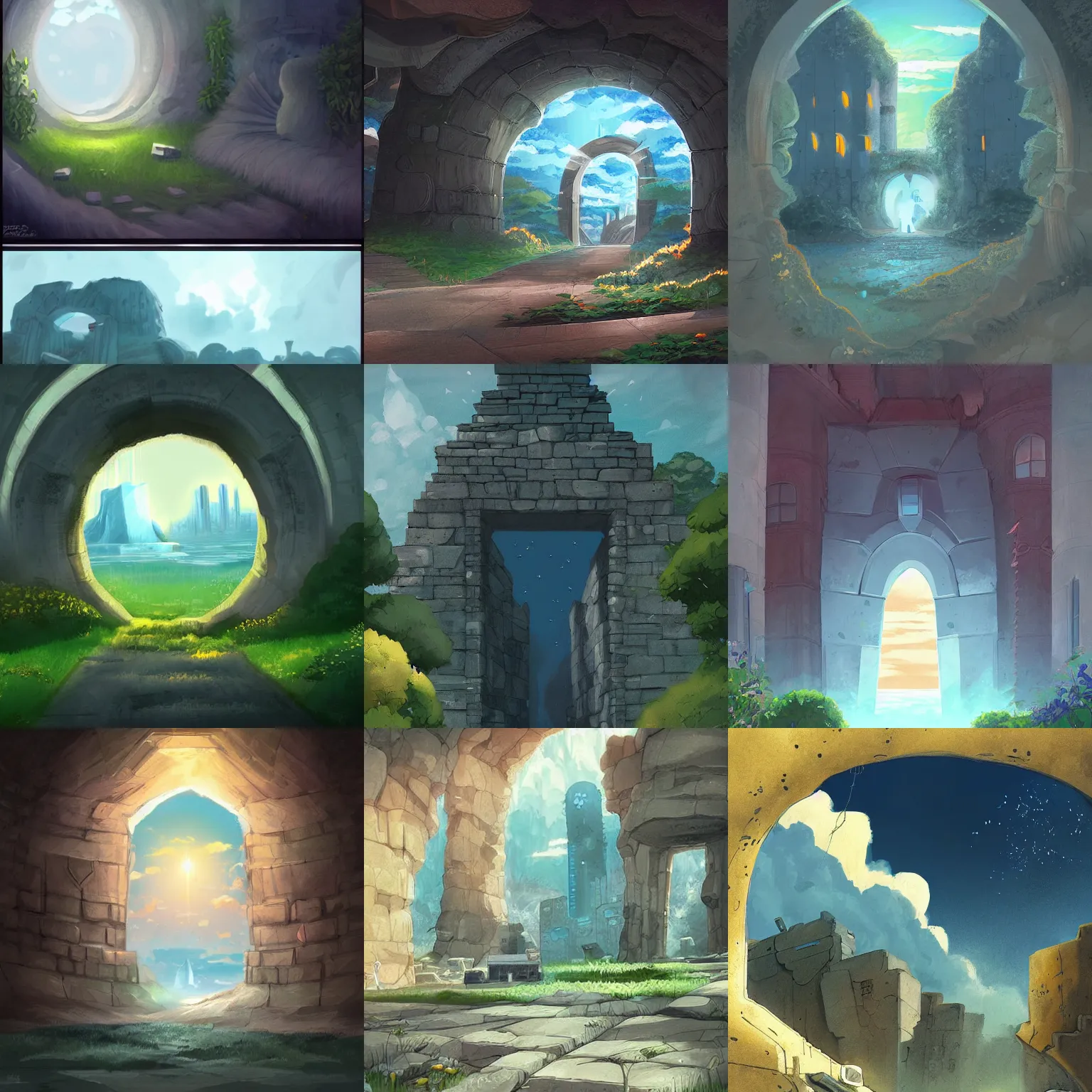 Prompt: wall with portal to another city, digital painting, concept art, smooth, sharp focus, illustration by studio ghibli