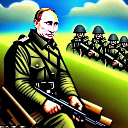 Image similar to Putin is sitting in the trenches and defending himself from Ukrainian troops, Retro futuristic painting style